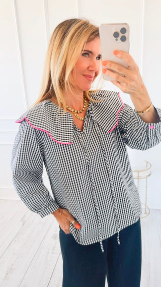 Gingham Ruffled Classical Blouse