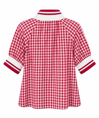 Gingham Striped Trim Quarter Zip Top