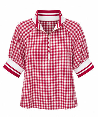Gingham Striped Trim Quarter Zip Top