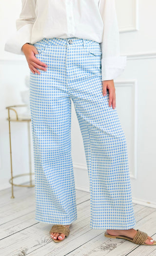 Gingham Wide Leg Pants - Blue