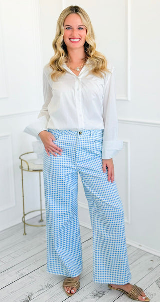 Gingham Wide Leg Pants - Blue