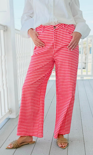 Gingham Wide Leg Pants - Red