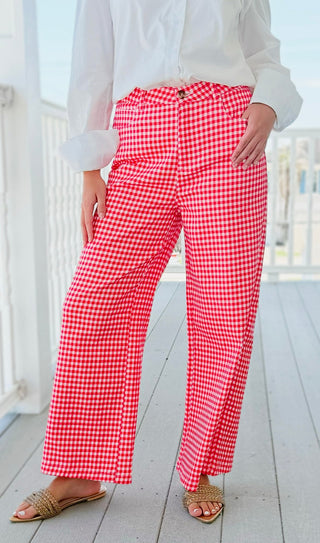 Gingham Wide Leg Pants - Red