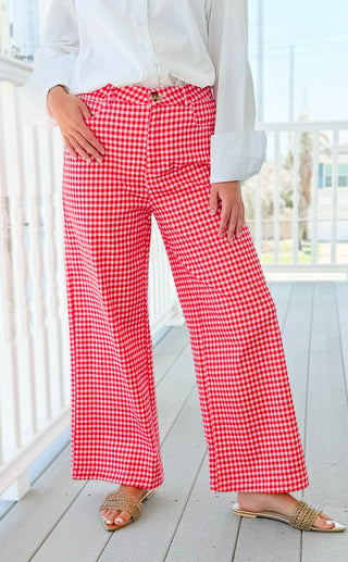 Gingham Wide Leg Pants - Red