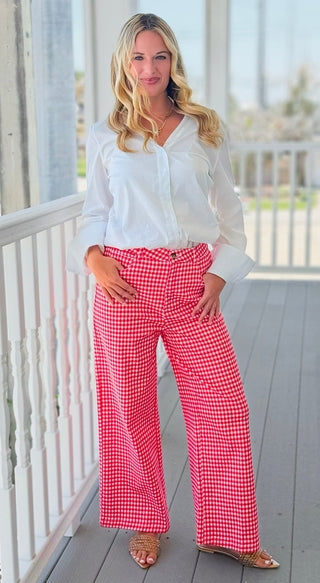 Gingham Wide Leg Pants - Red
