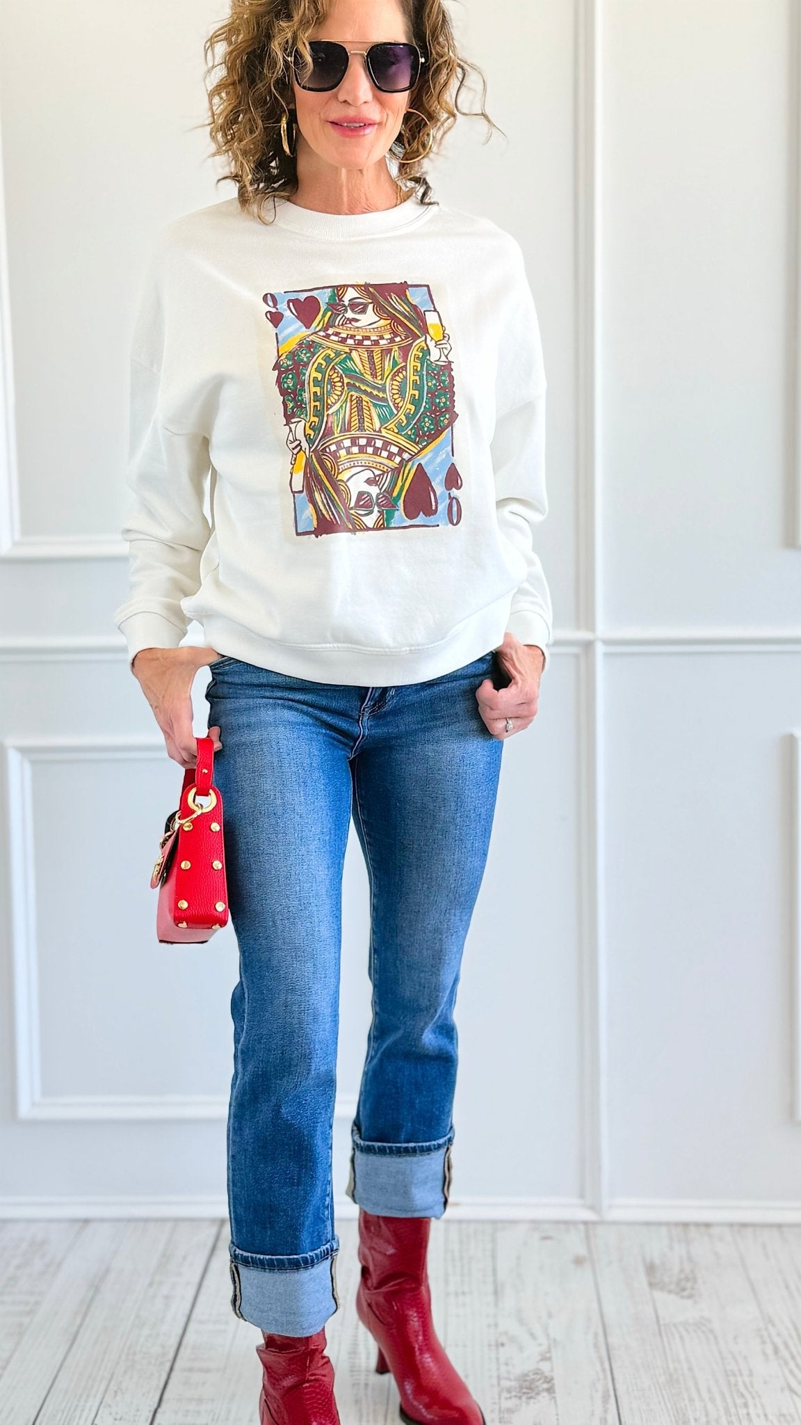Glam Queen Of Heart Italian Sweatshirt-110 Long Sleeve Tops-FIRSTAGE-Coastal Bloom Boutique, find the trendiest versions of the popular styles and looks Located in Indialantic, FL