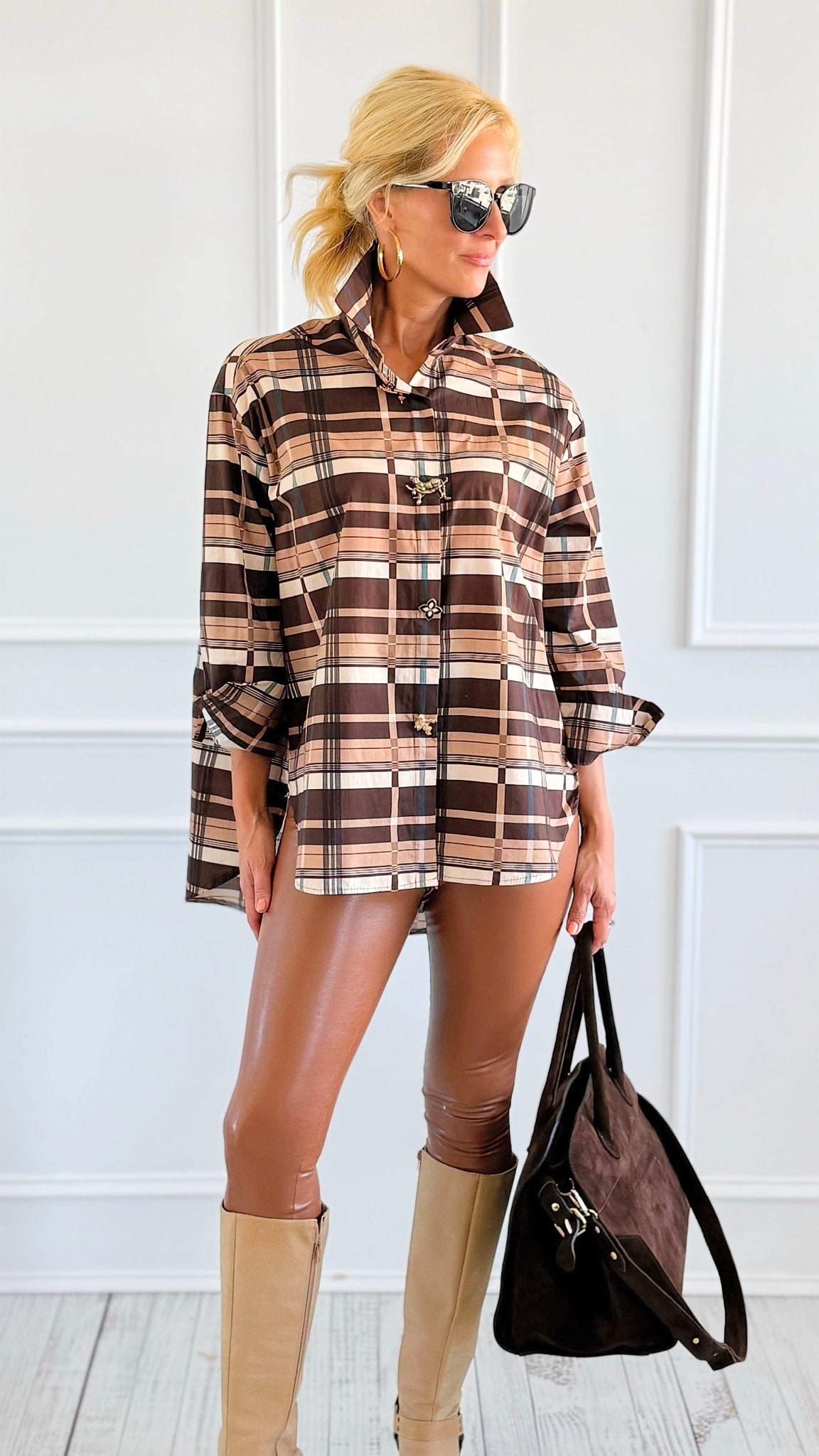 Golden Checked Italian Woven Top-110 Long Sleeve Tops-TATTOO Z-Coastal Bloom Boutique, find the trendiest versions of the popular styles and looks Located in Indialantic, FL