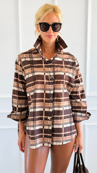 Golden Checked Italian Woven Top-110 Long Sleeve Tops-TATTOO Z-Coastal Bloom Boutique, find the trendiest versions of the popular styles and looks Located in Indialantic, FL