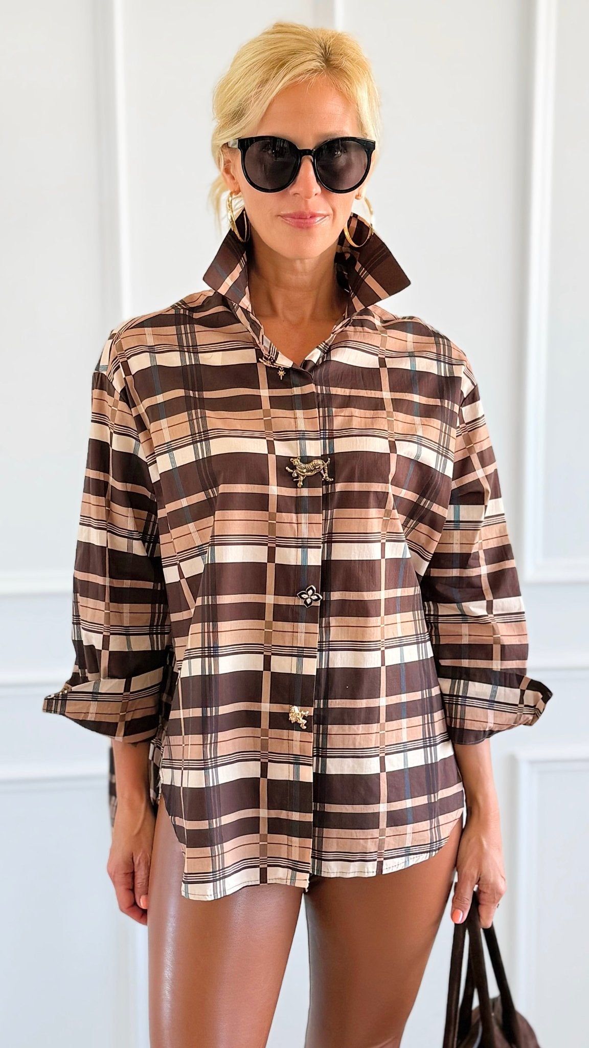 Golden Checked Italian Woven Top-110 Long Sleeve Tops-TATTOO Z-Coastal Bloom Boutique, find the trendiest versions of the popular styles and looks Located in Indialantic, FL