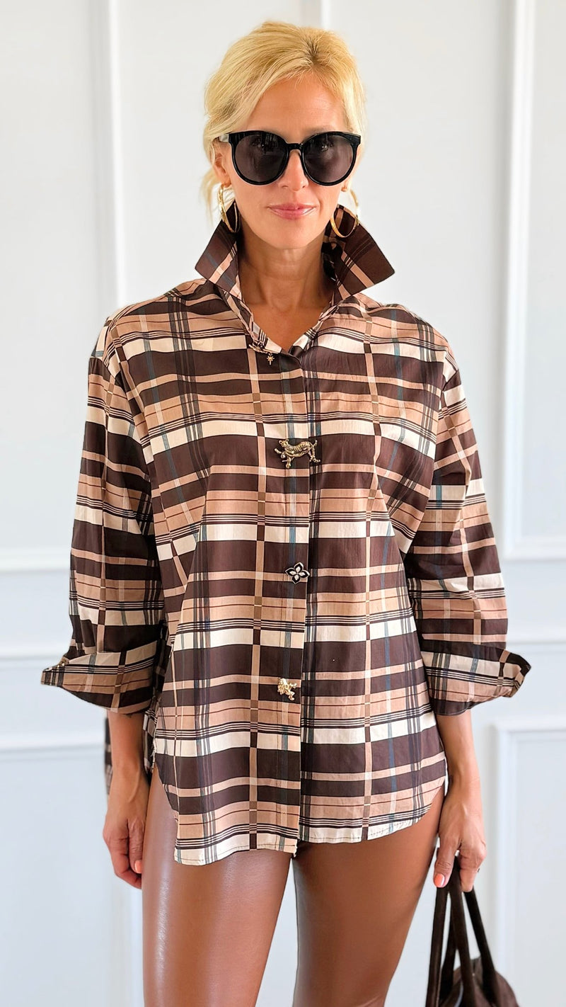 Golden Checked Italian Woven Top-110 Long Sleeve Tops-TATTOO Z-Coastal Bloom Boutique, find the trendiest versions of the popular styles and looks Located in Indialantic, FL