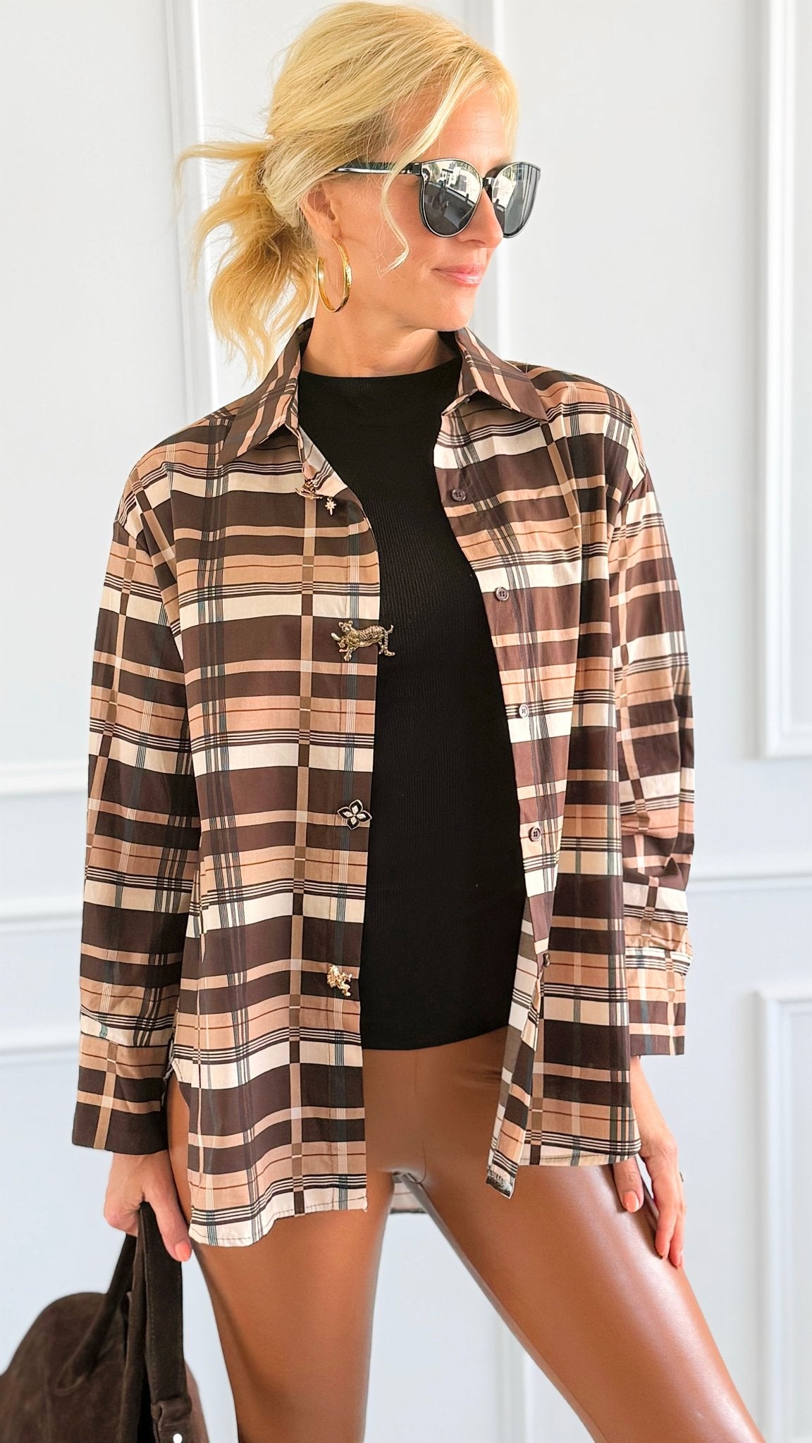 Golden Checked Italian Woven Top-110 Long Sleeve Tops-TATTOO Z-Coastal Bloom Boutique, find the trendiest versions of the popular styles and looks Located in Indialantic, FL