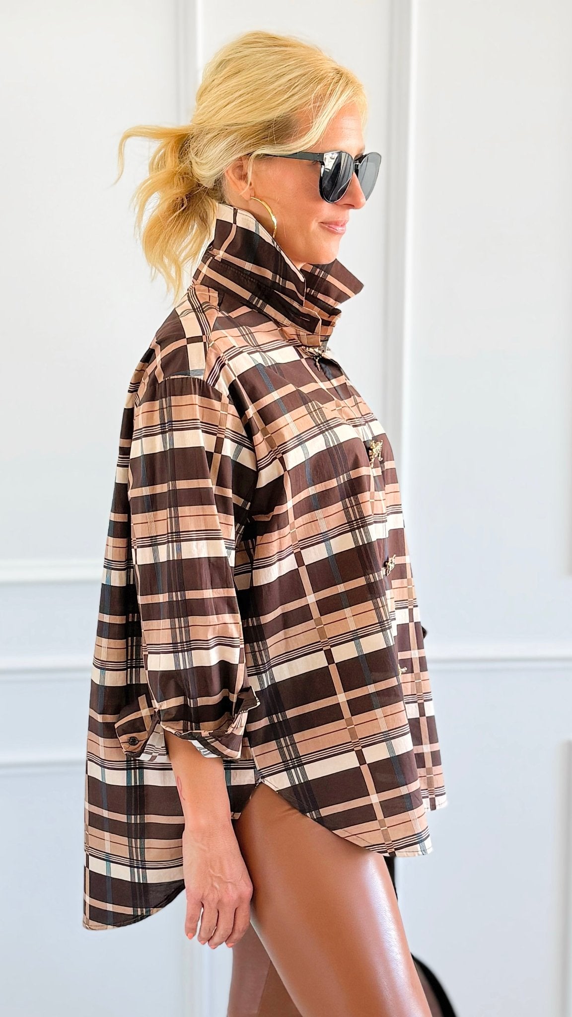 Golden Checked Italian Woven Top-110 Long Sleeve Tops-TATTOO Z-Coastal Bloom Boutique, find the trendiest versions of the popular styles and looks Located in Indialantic, FL