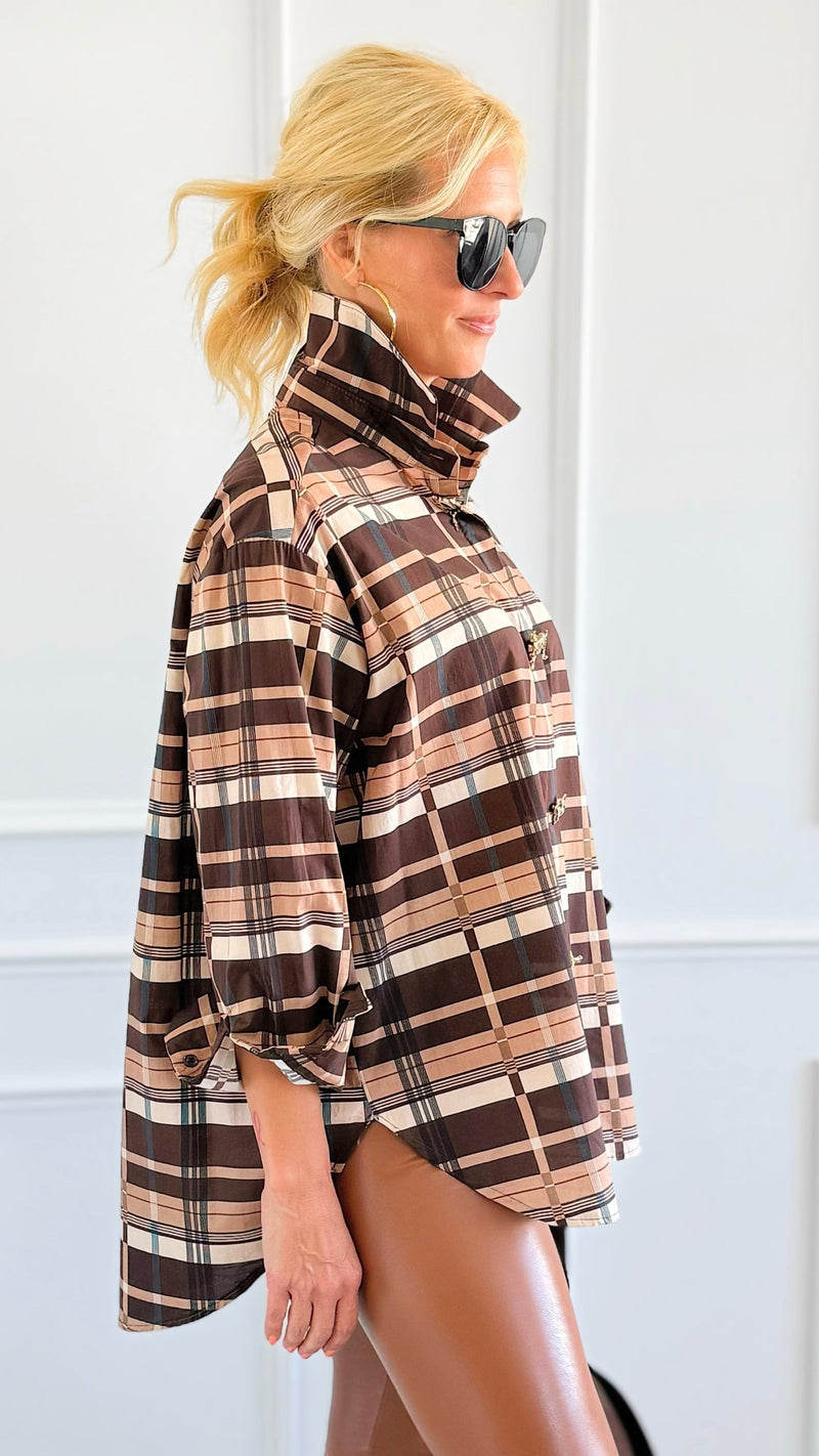 Golden Checked Italian Woven Top-110 Long Sleeve Tops-TATTOO Z-Coastal Bloom Boutique, find the trendiest versions of the popular styles and looks Located in Indialantic, FL