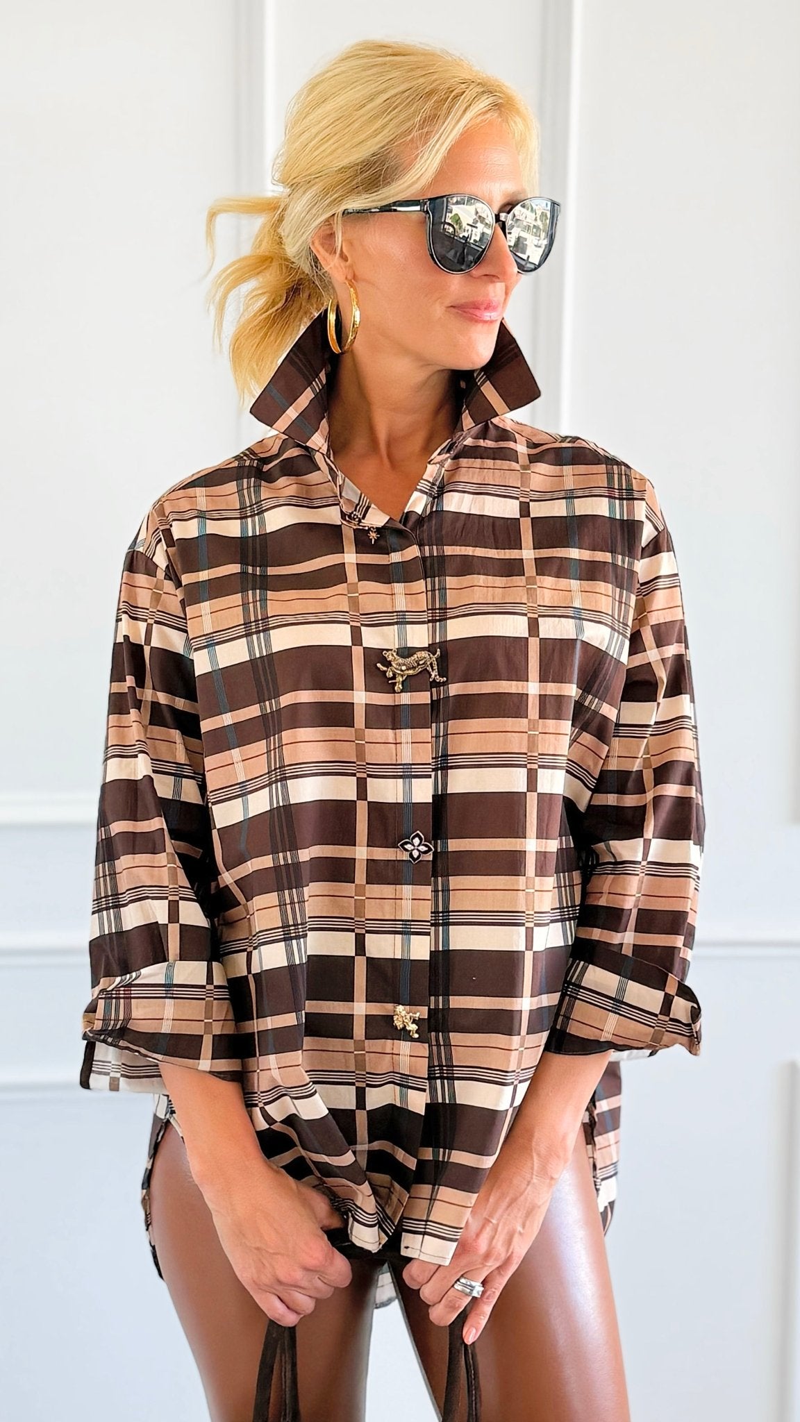 Golden Checked Italian Woven Top-110 Long Sleeve Tops-TATTOO Z-Coastal Bloom Boutique, find the trendiest versions of the popular styles and looks Located in Indialantic, FL