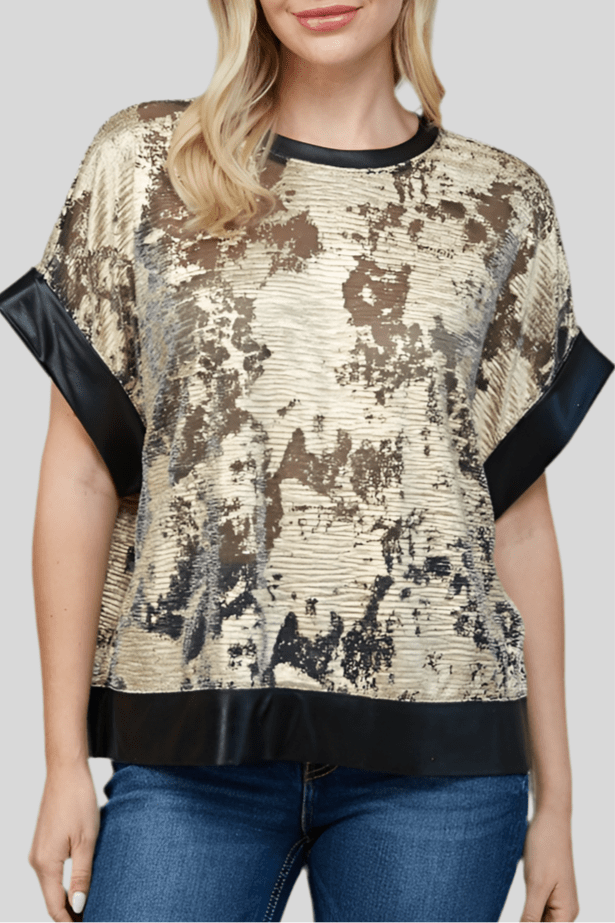 Golden Hour Abstract Foil Top-110 short Sleeve Top-Fate Inc-Coastal Bloom Boutique, find the trendiest versions of the popular styles and looks Located in Indialantic, FL
