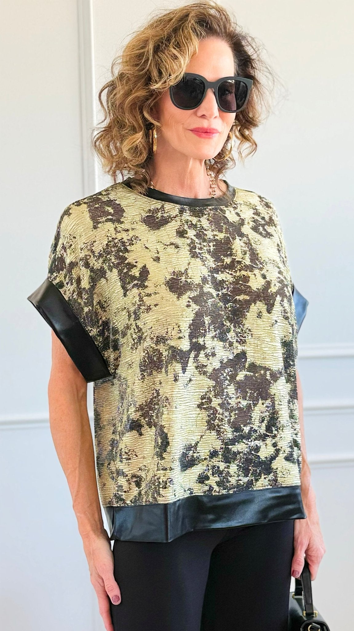 Golden Hour Abstract Foil Top-110 short Sleeve Top-Fate Inc-Coastal Bloom Boutique, find the trendiest versions of the popular styles and looks Located in Indialantic, FL
