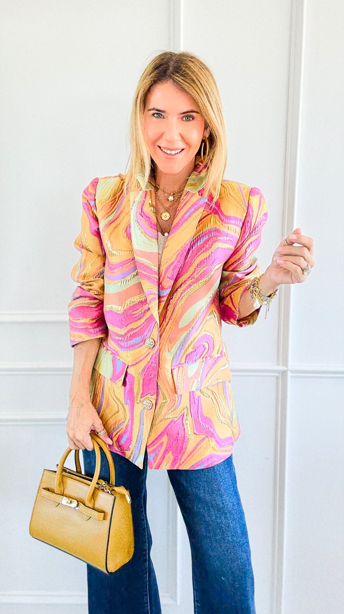 Golden Hour Swirl Blazer-160 Jackets-JODIFL-Coastal Bloom Boutique, find the trendiest versions of the popular styles and looks Located in Indialantic, FL