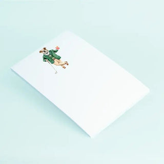 White card with a dog illustration on a light blue background