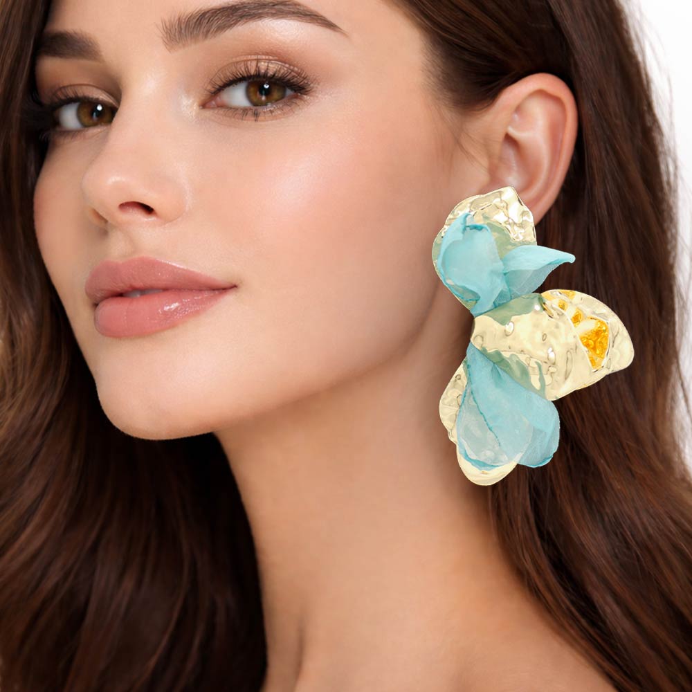 Gold Petal Sheer Fabric Earrings - Sapphire