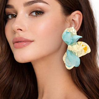 Gold Petal Sheer Fabric Earrings - Sapphire