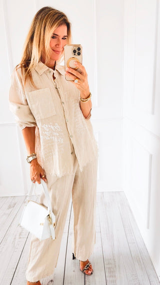Graffiti Linen Italian Top - Beige