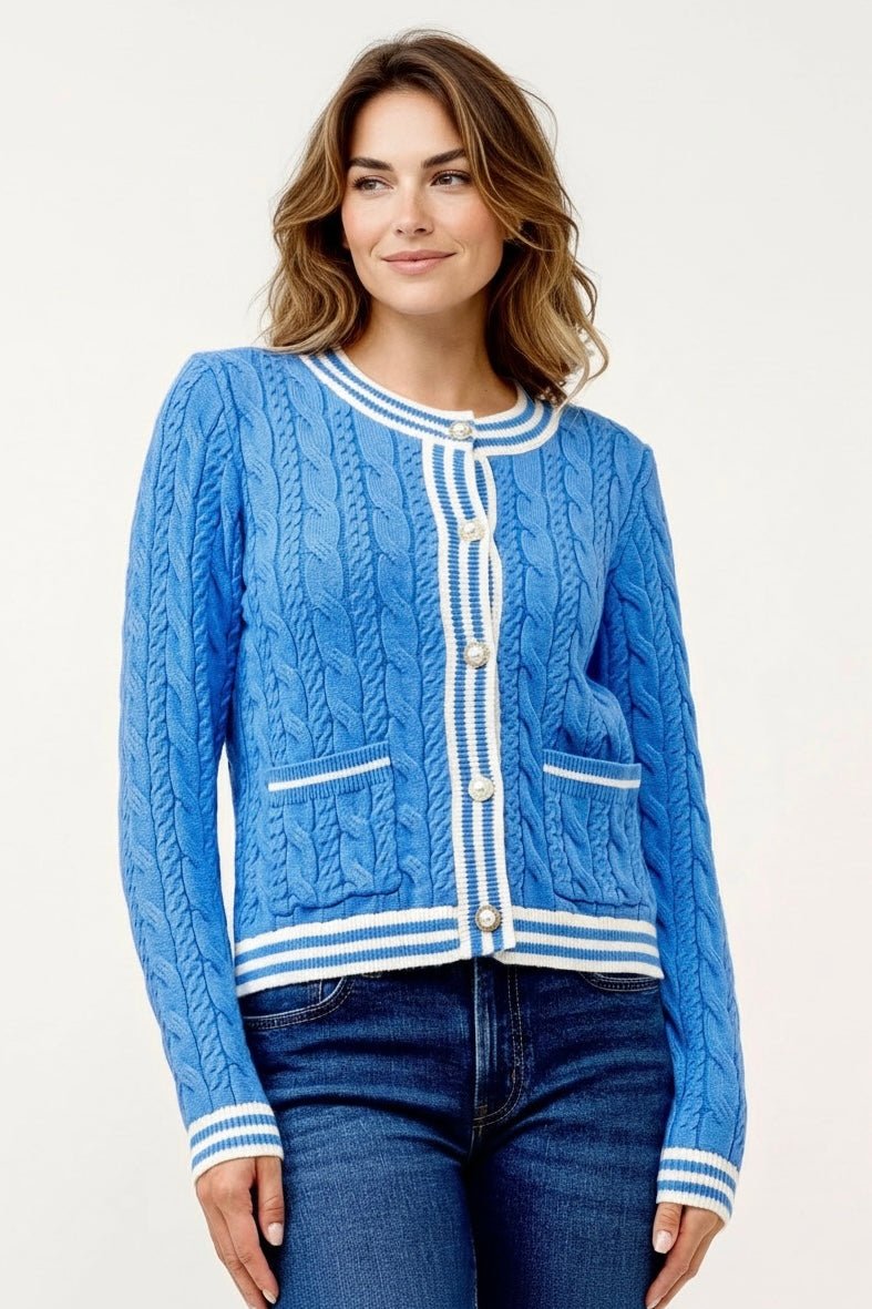 Harbor Lane Cable Cardigan - Blue/Ivory