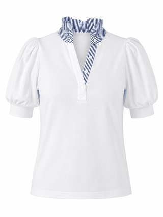 Harbor Stripe Frill Collar Blouse - White