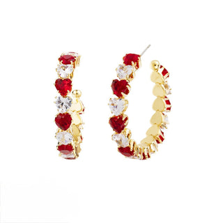 Heart CZ Stone Eternity Hoop Earrings - Clear/Ruby