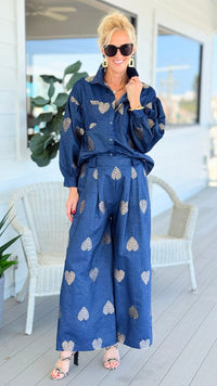 Heart Embroidered Denim Italian Button Top