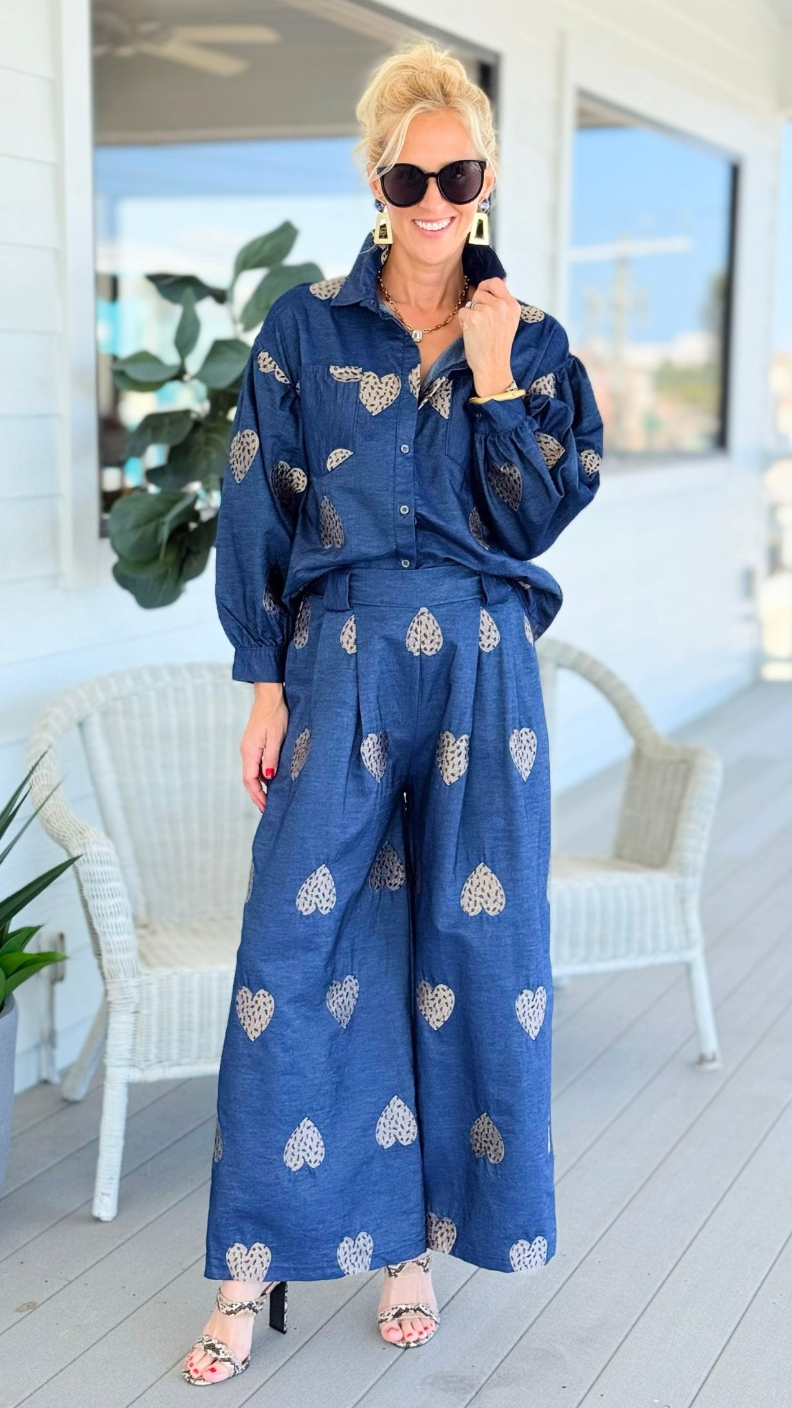 Heart Embroidered Denim Italian Button Top