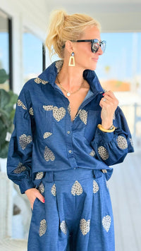 Heart Embroidered Denim Italian Button Top