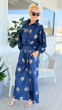 Heart Embroidered Denim Italian Button Top