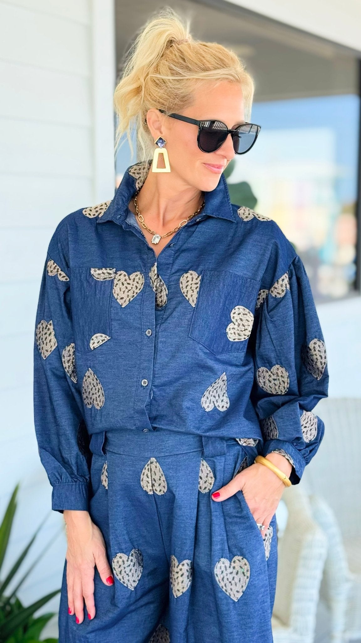Heart Embroidered Denim Italian Button Top