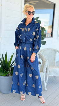 Heart Embroidered Denim Italian Button Top