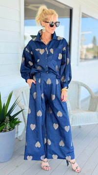 Heart Embroidered Denim Italian Button Top