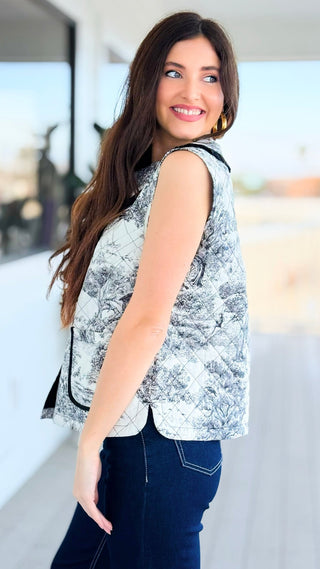 Heirloom Print Quilted Button Vest - Black