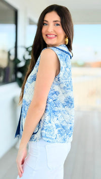 Heirloom Print Quilted Button Vest - Blue