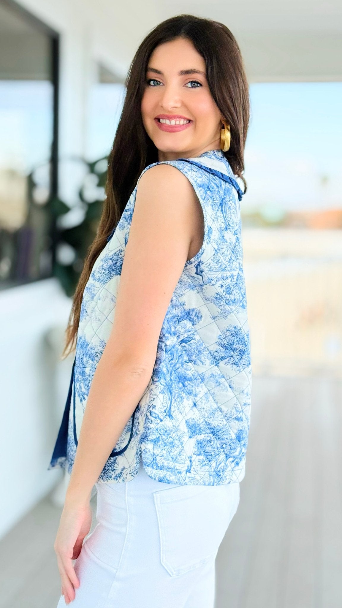 Heirloom Print Quilted Button Vest - Blue