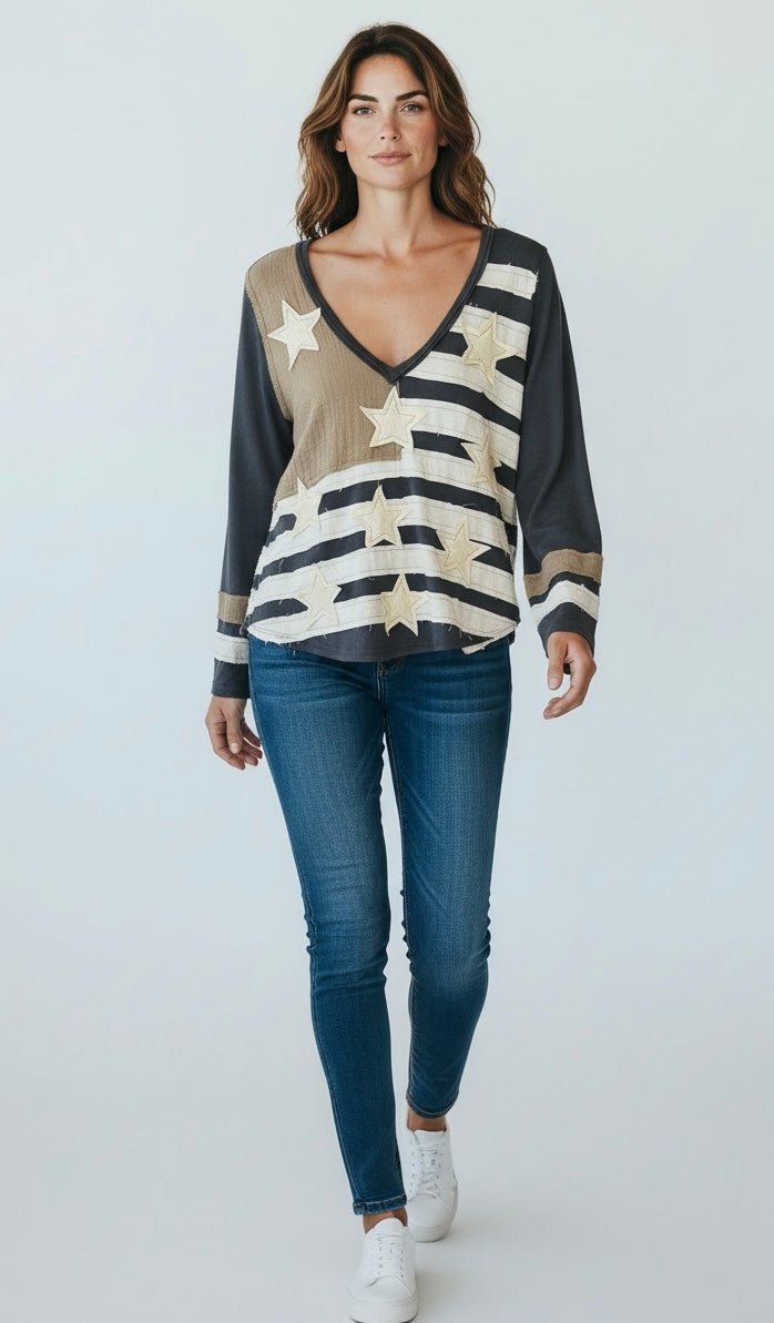 Heritage Patch V-Neck Top-110 Long Sleeve Tops-POL-Coastal Bloom Boutique, find the trendiest versions of the popular styles and looks Located in Indialantic, FL