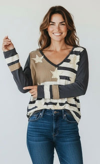Heritage Patch V-Neck Top-110 Long Sleeve Tops-POL-Coastal Bloom Boutique, find the trendiest versions of the popular styles and looks Located in Indialantic, FL