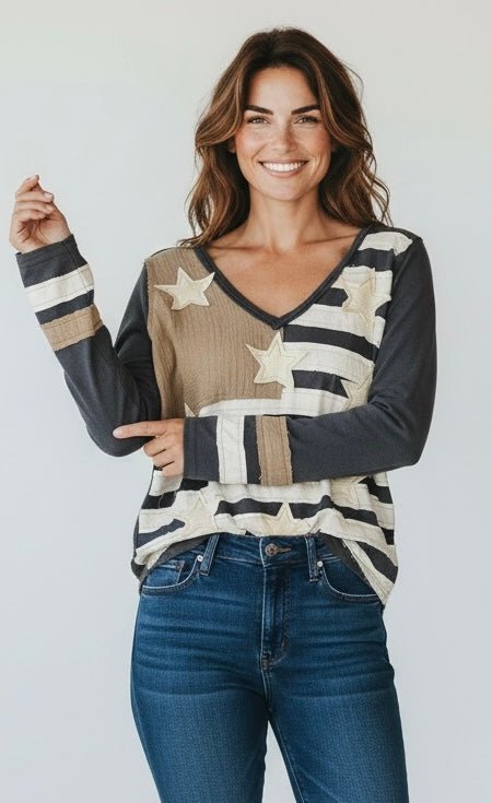 Heritage Patch V-Neck Top-110 Long Sleeve Tops-POL-Coastal Bloom Boutique, find the trendiest versions of the popular styles and looks Located in Indialantic, FL