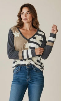 Heritage Patch V-Neck Top-110 Long Sleeve Tops-POL-Coastal Bloom Boutique, find the trendiest versions of the popular styles and looks Located in Indialantic, FL
