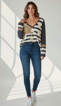 Heritage Patch V-Neck Top-110 Long Sleeve Tops-POL-Coastal Bloom Boutique, find the trendiest versions of the popular styles and looks Located in Indialantic, FL