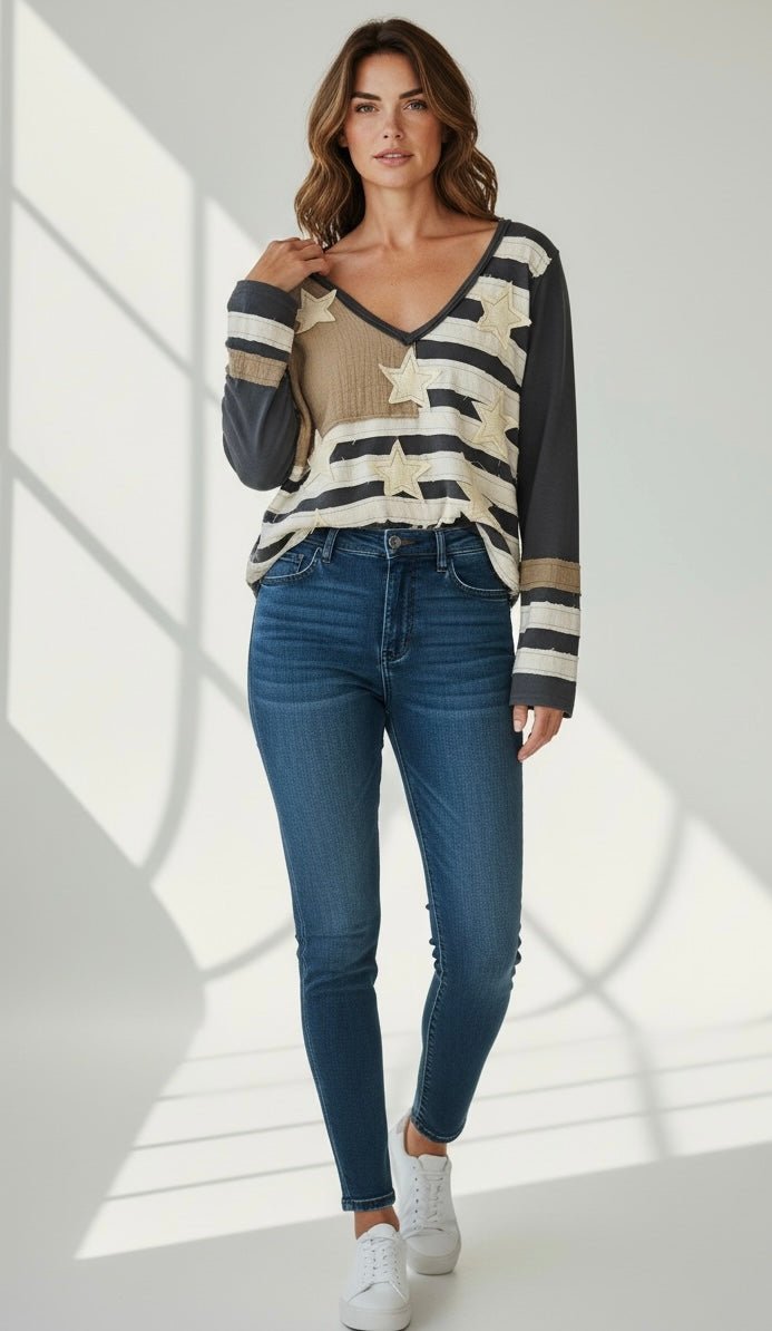 Heritage Patch V-Neck Top-110 Long Sleeve Tops-POL-Coastal Bloom Boutique, find the trendiest versions of the popular styles and looks Located in Indialantic, FL