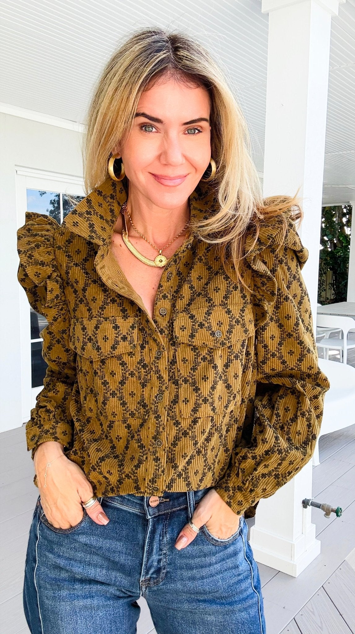 Heritage Ruffle Button Down Top