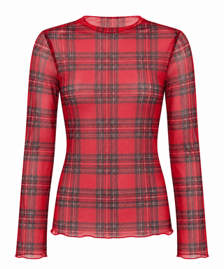 High Neck Plaid Mesh Sheer Top - Red