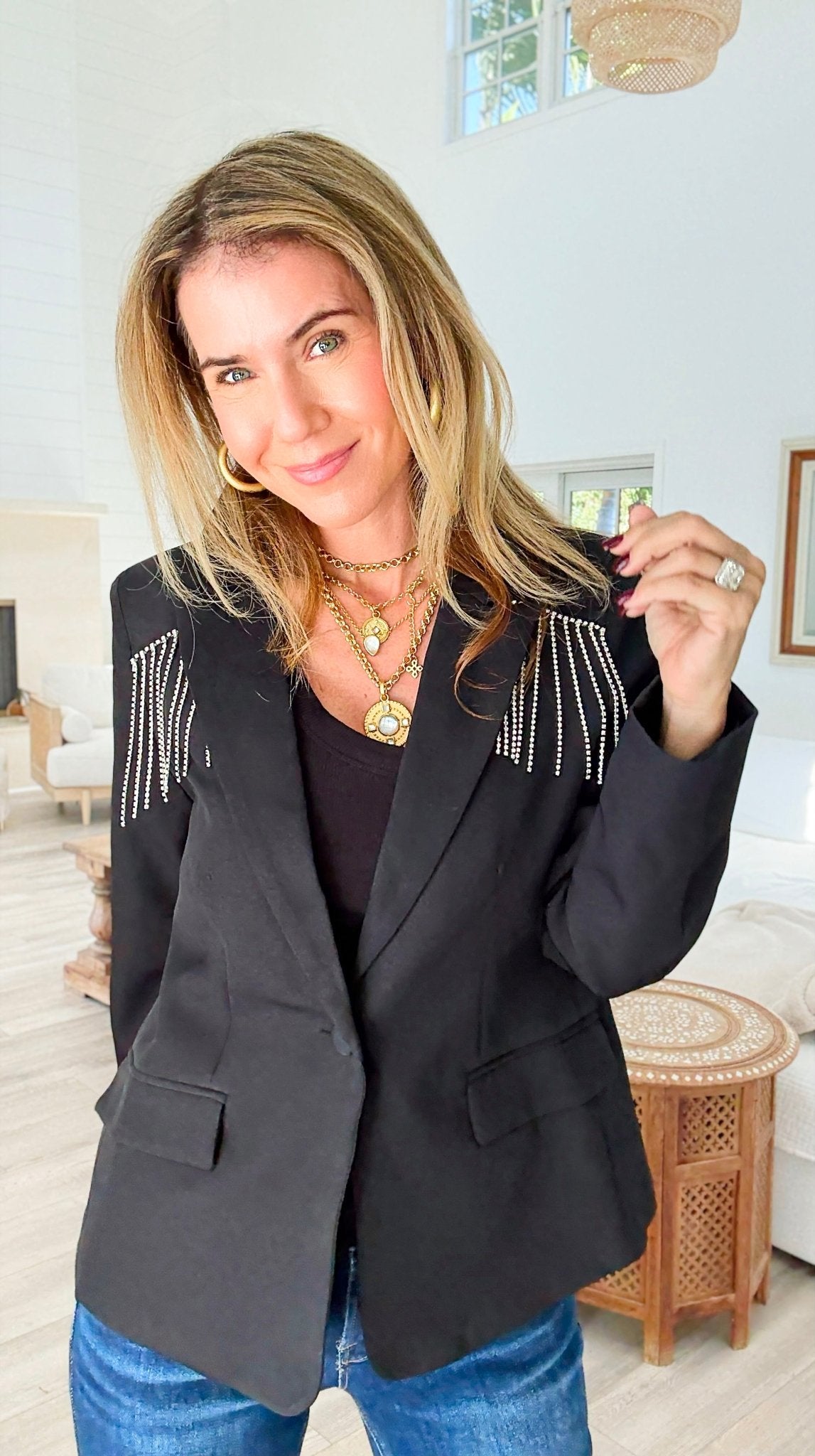Holiday Glamour Button Blazer-160 Jackets-ROUSSEAU-Coastal Bloom Boutique, find the trendiest versions of the popular styles and looks Located in Indialantic, FL