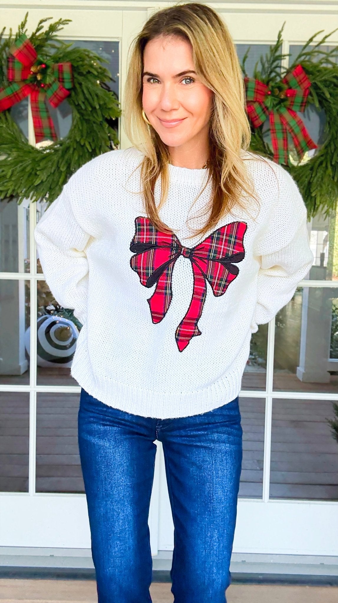 Holiday Keepsake Plaid Bow Knit-140 Sweaters-Dreamers-Coastal Bloom Boutique, find the trendiest versions of the popular styles and looks Located in Indialantic, FL