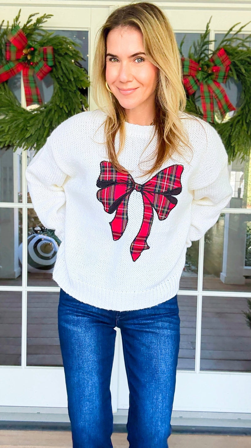 Holiday Keepsake Plaid Bow Knit-140 Sweaters-Dreamers-Coastal Bloom Boutique, find the trendiest versions of the popular styles and looks Located in Indialantic, FL