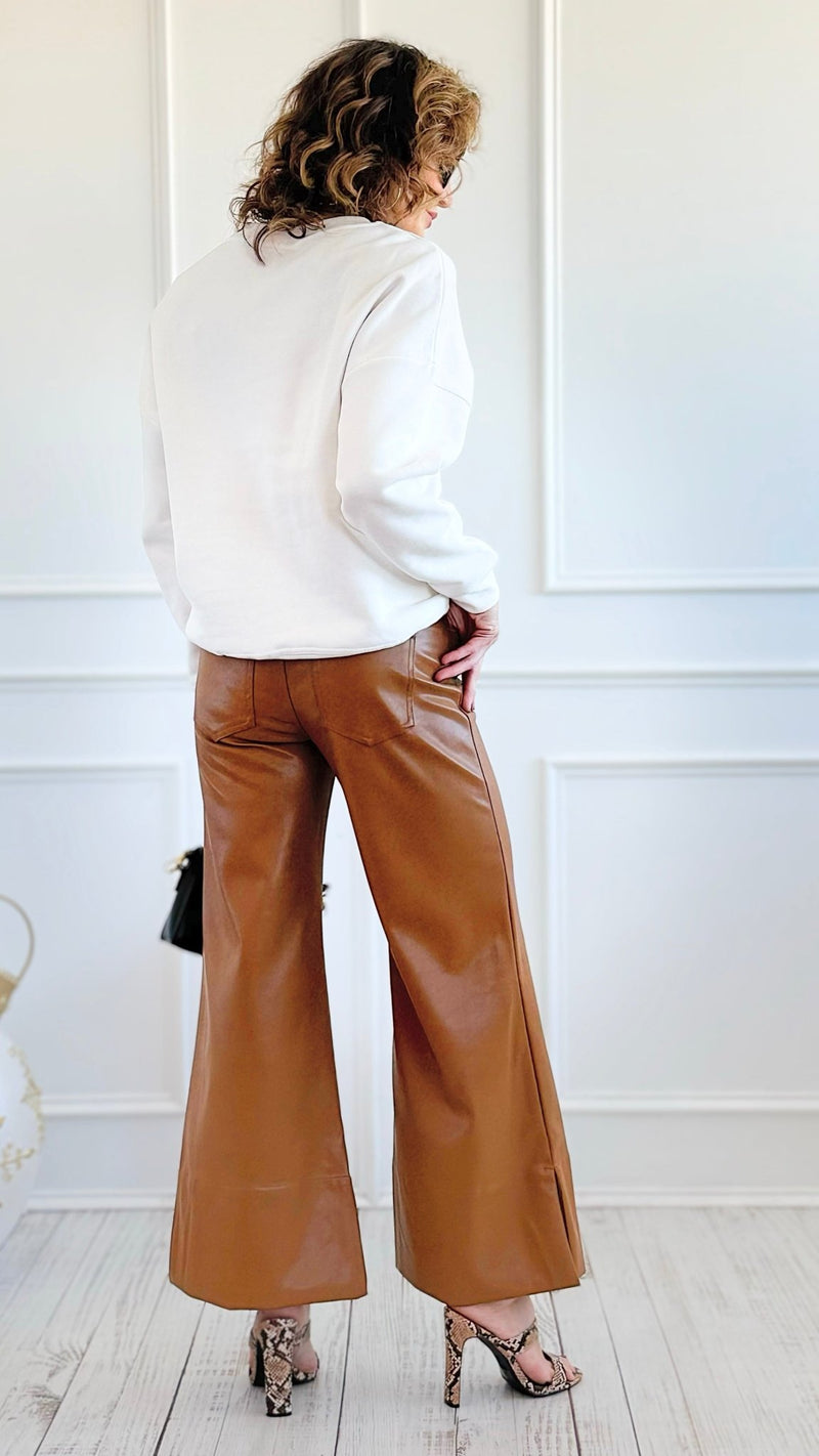 Holiday Luxe Faux Leather Flare Leg Pants - Camel-100 Pants-SO ME-Coastal Bloom Boutique, find the trendiest versions of the popular styles and looks Located in Indialantic, FL